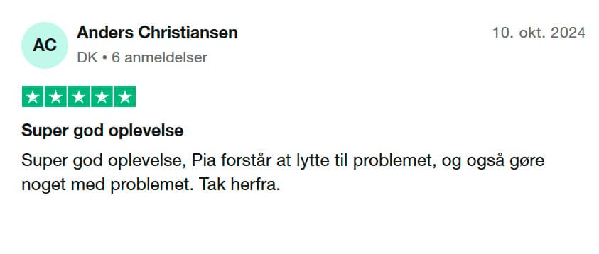 Trustpilot fremragende anmeldelse